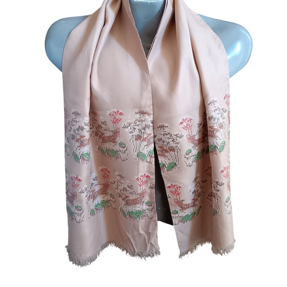 Vintage Men's Scarf 1940's Rayon Fringed Beau Brummel Petit Point Stag Deer 52"